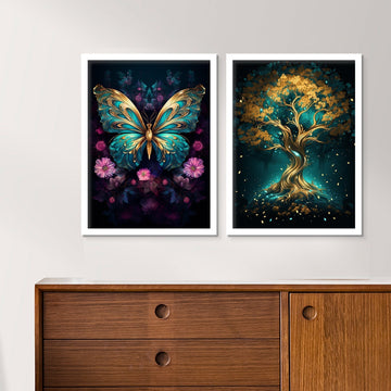 Golden Butterfly And Golden Tree Wall Art